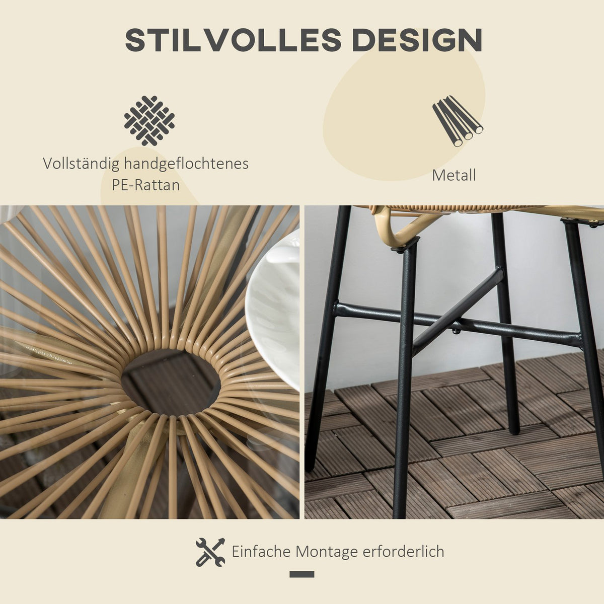 Bistro Table, Round Garden Table, Rat Side Table, For Patio, Balcony, Black+Beige, 50 X 50 X 50 Cm