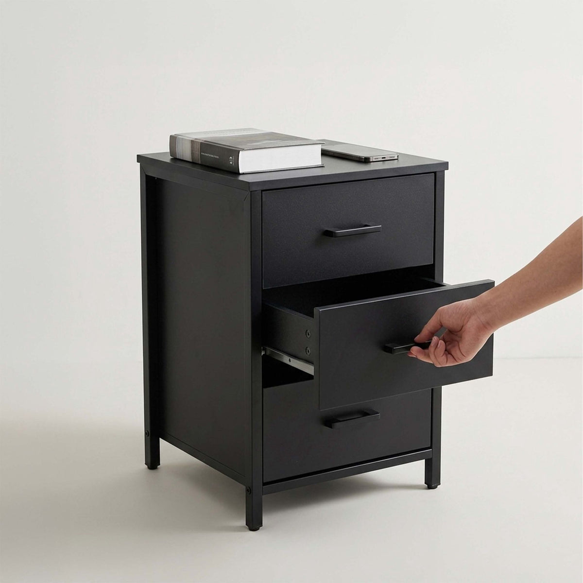 Black 3-Drawer Bedside Table, MDF & Steel, 60x40x40 cm