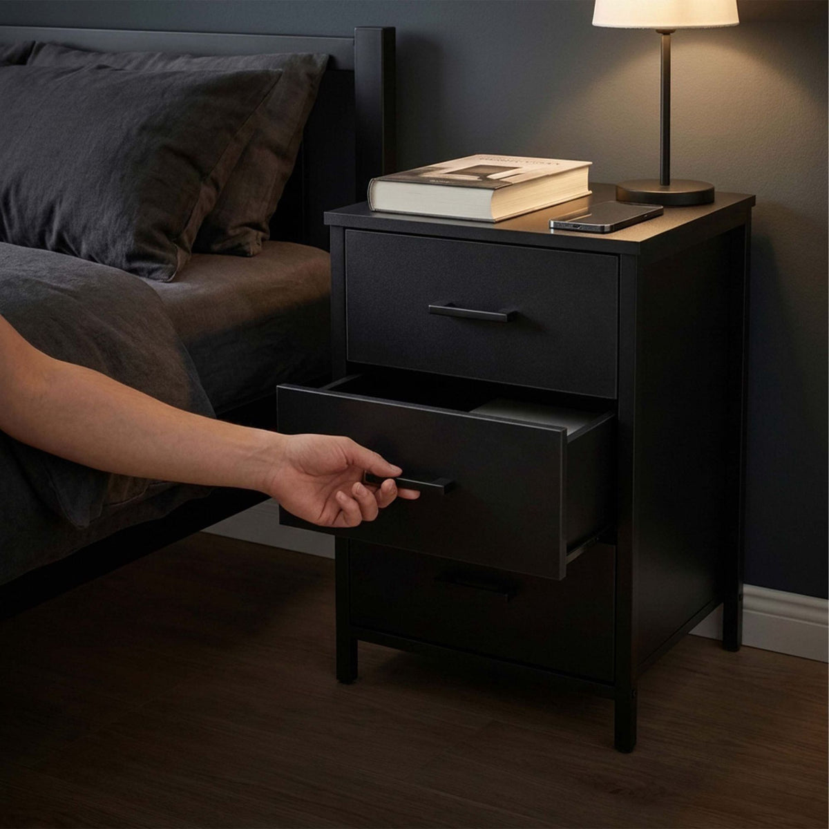 Black 3-Drawer Bedside Table, MDF & Steel, 60x40x40 cm