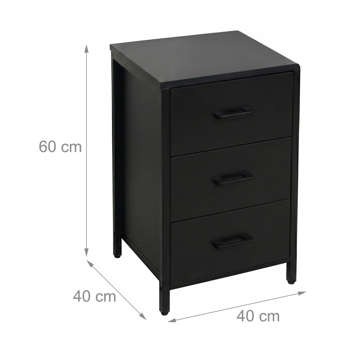 Black 3-Drawer Bedside Table, MDF & Steel, 60x40x40 cm
