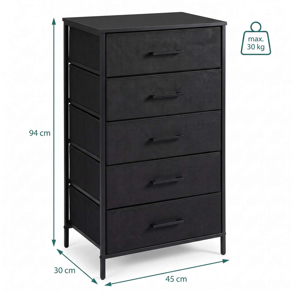 Black 5-Drawer Fabric Chest – Metal Frame, MDF Top