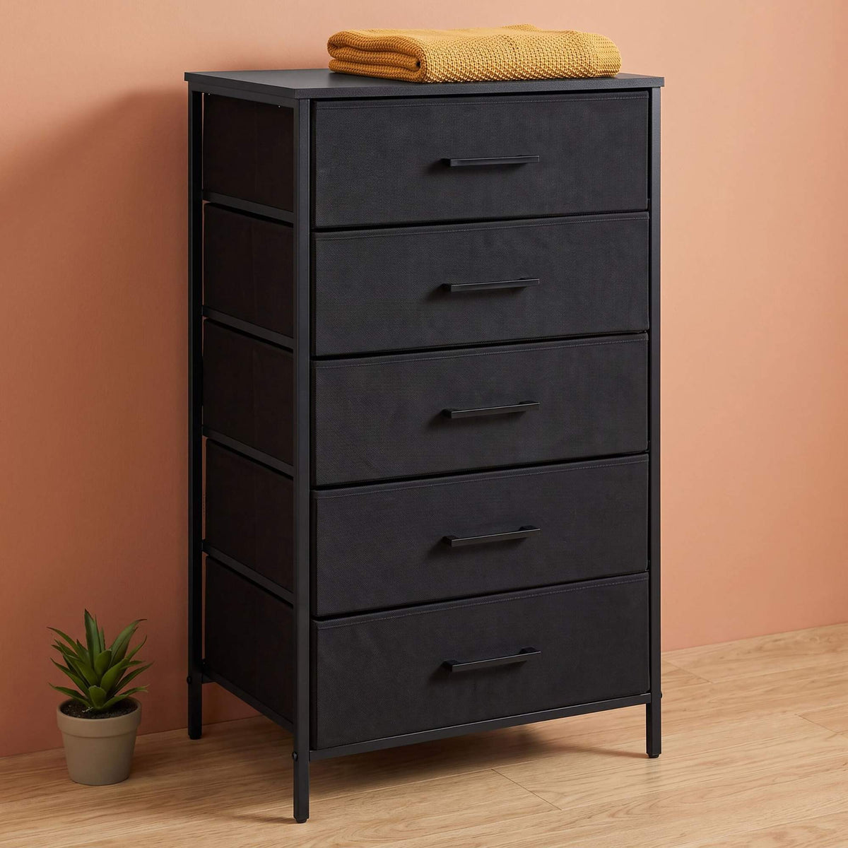 Black 5-Drawer Fabric Chest – Metal Frame, MDF Top