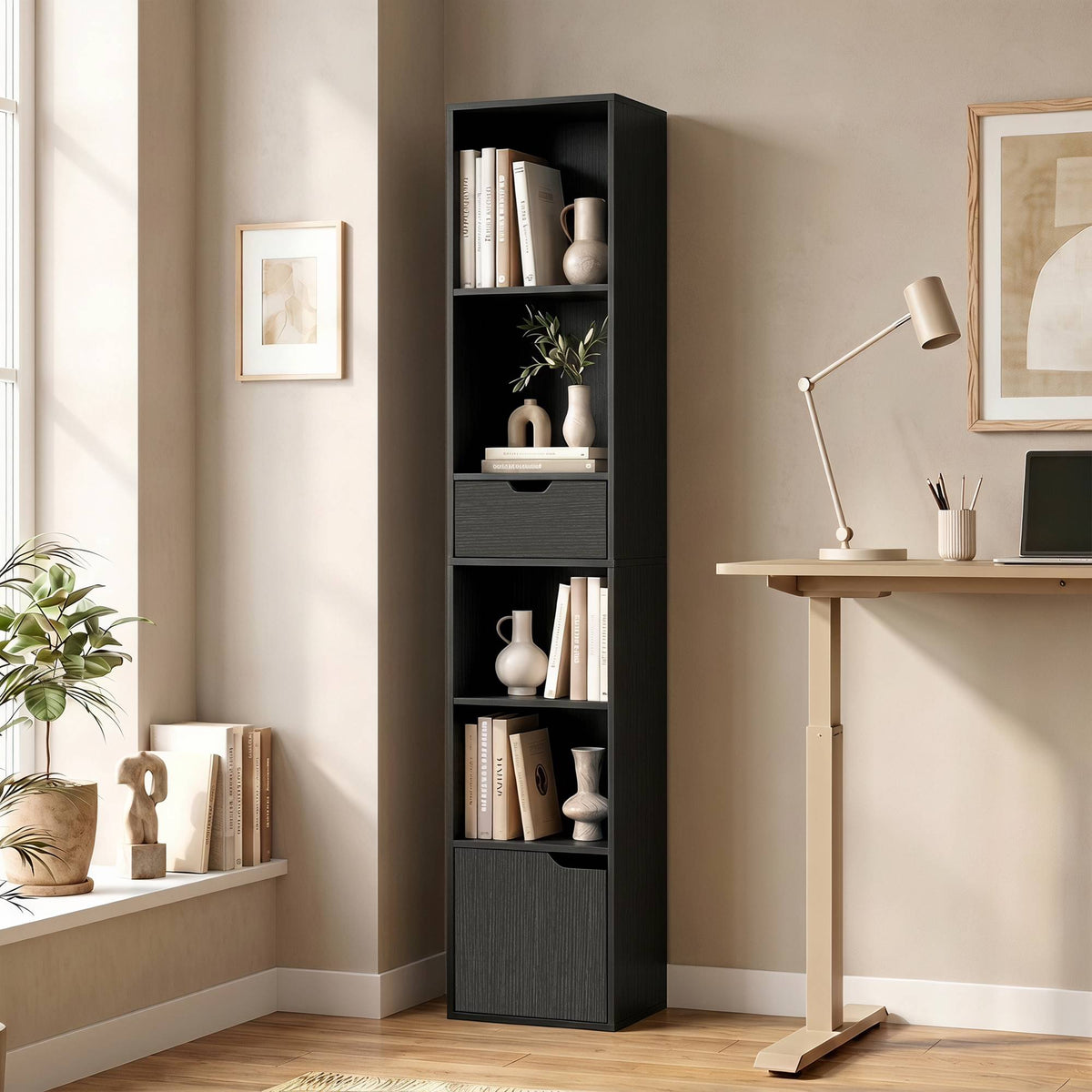 Black 6-Tier Bookshelf with Drawer and Adjustable Shelf