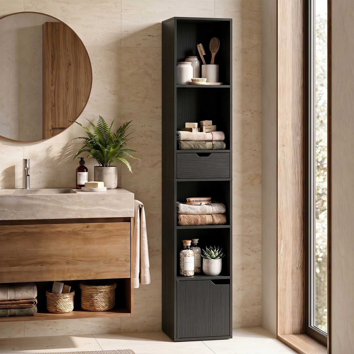 Black 6-Tier Bookshelf with Drawer and Adjustable Shelf