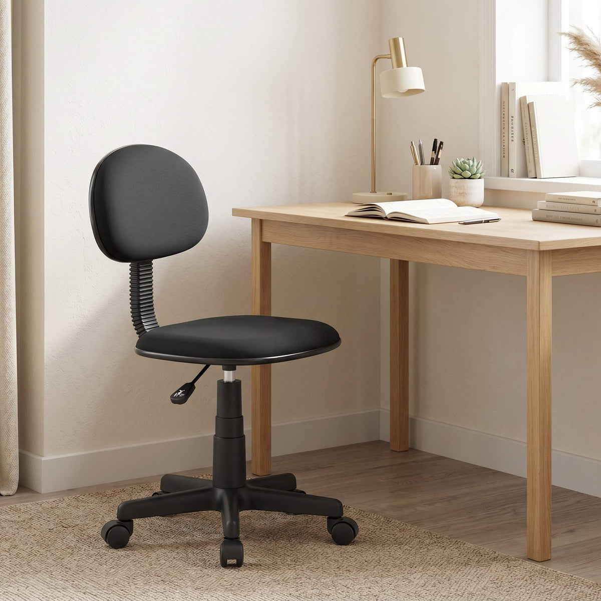 Black Armless Desk Chair, Adjustable Height, Swivel Wheels