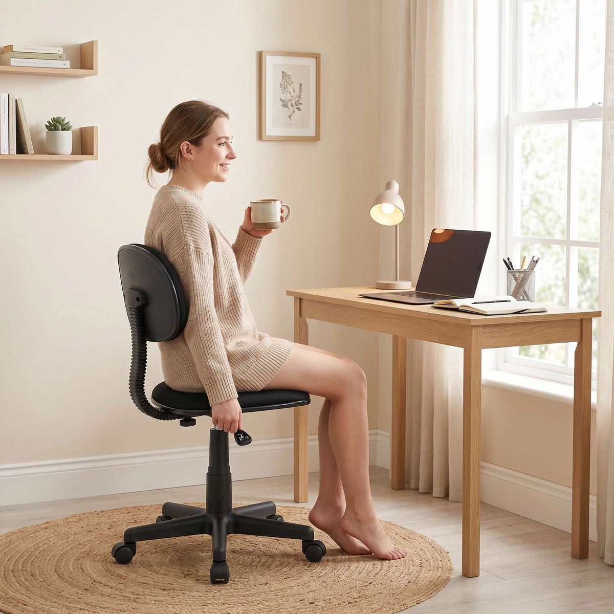 Black Armless Desk Chair, Adjustable Height, Swivel Wheels