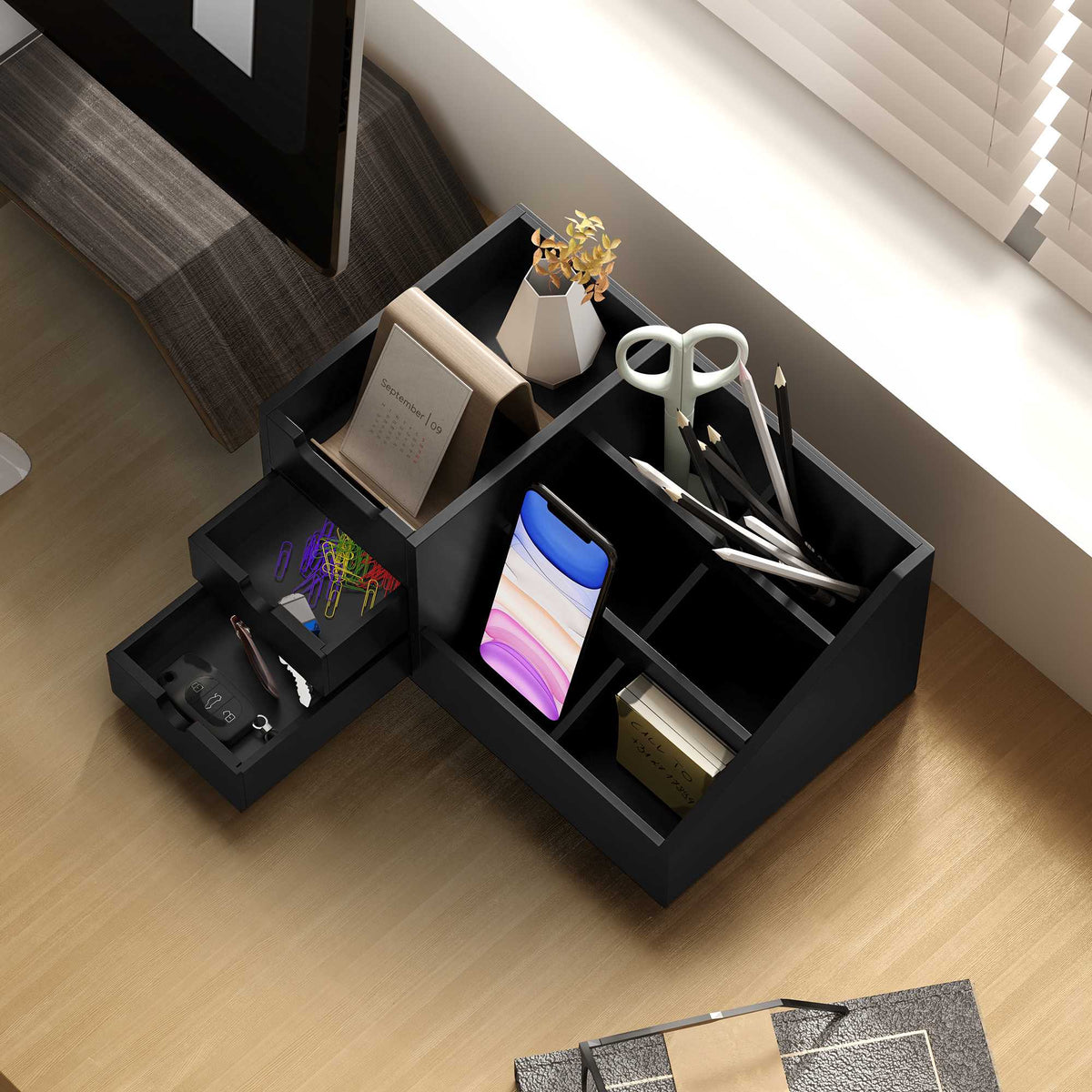 Black Bamboo Desk Organizer with 2 Drawers, 7 Compartments