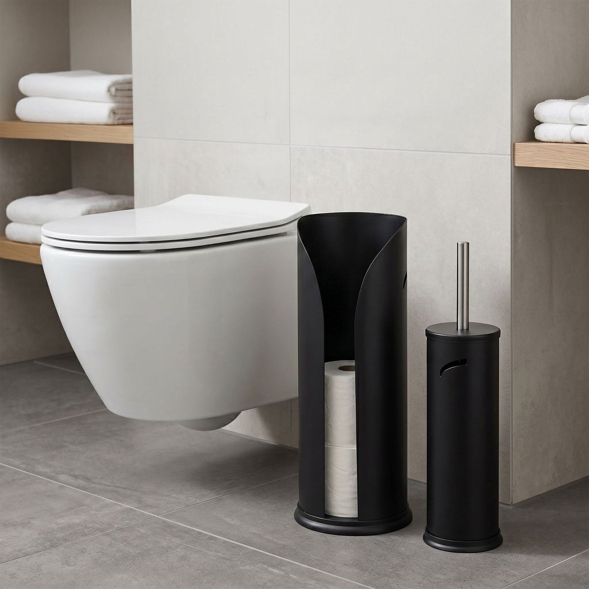 Black Bathroom Set: Toilet Brush & Spare Roll Holder