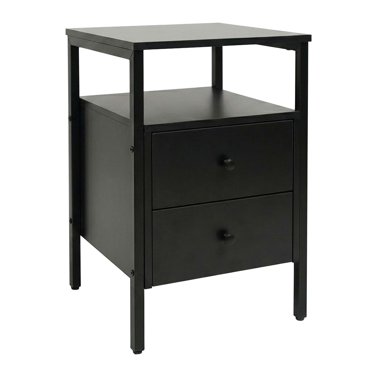 Black Bedside Table with 2 Drawers, MDF & Steel