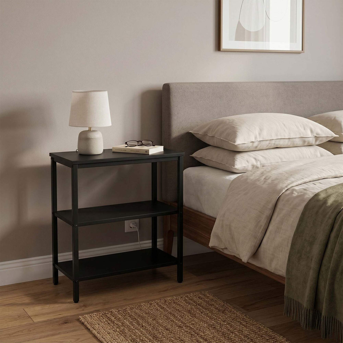 Black Bedside Table with 3 Shelves, Engineered Wood