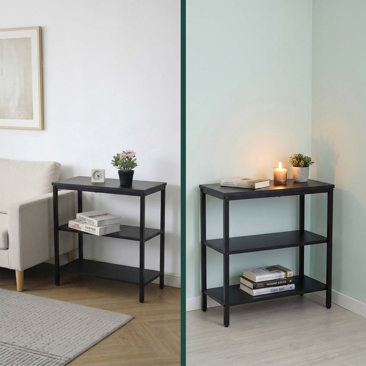 Black Bedside Table with 3 Shelves, Engineered Wood