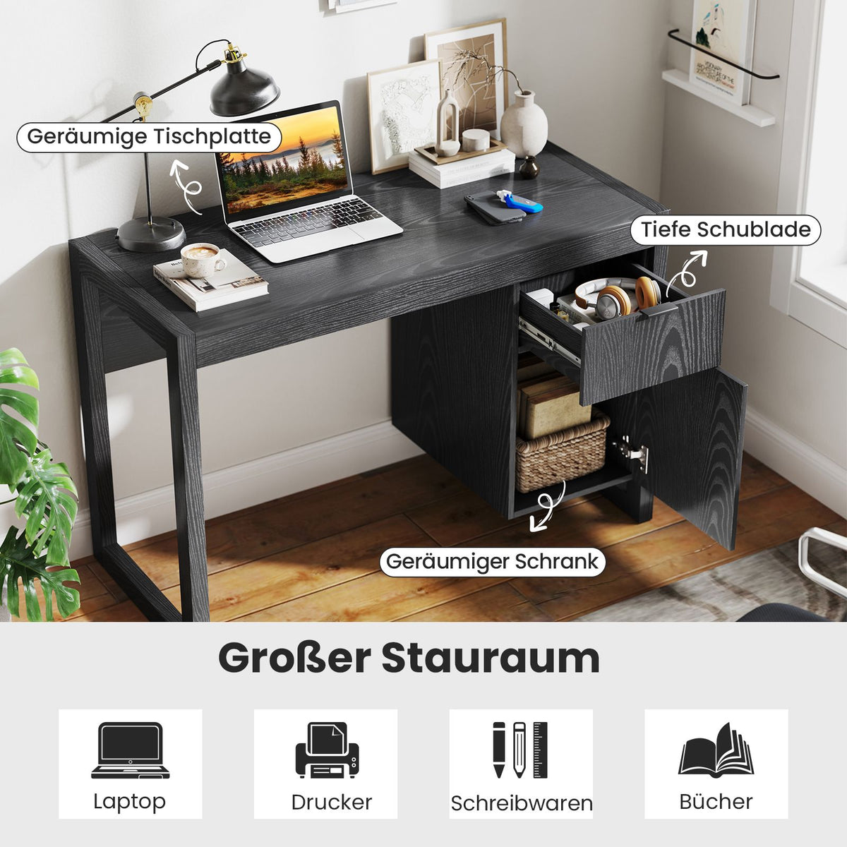 Black Computer Desk with Storage Cabinet, 112cm