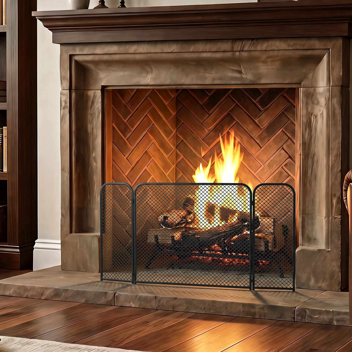 Black Geometric Foldable Fireplace Screen – Metal, 3-Panel