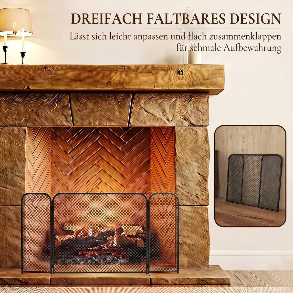 Black Geometric Foldable Fireplace Screen – Metal, 3-Panel