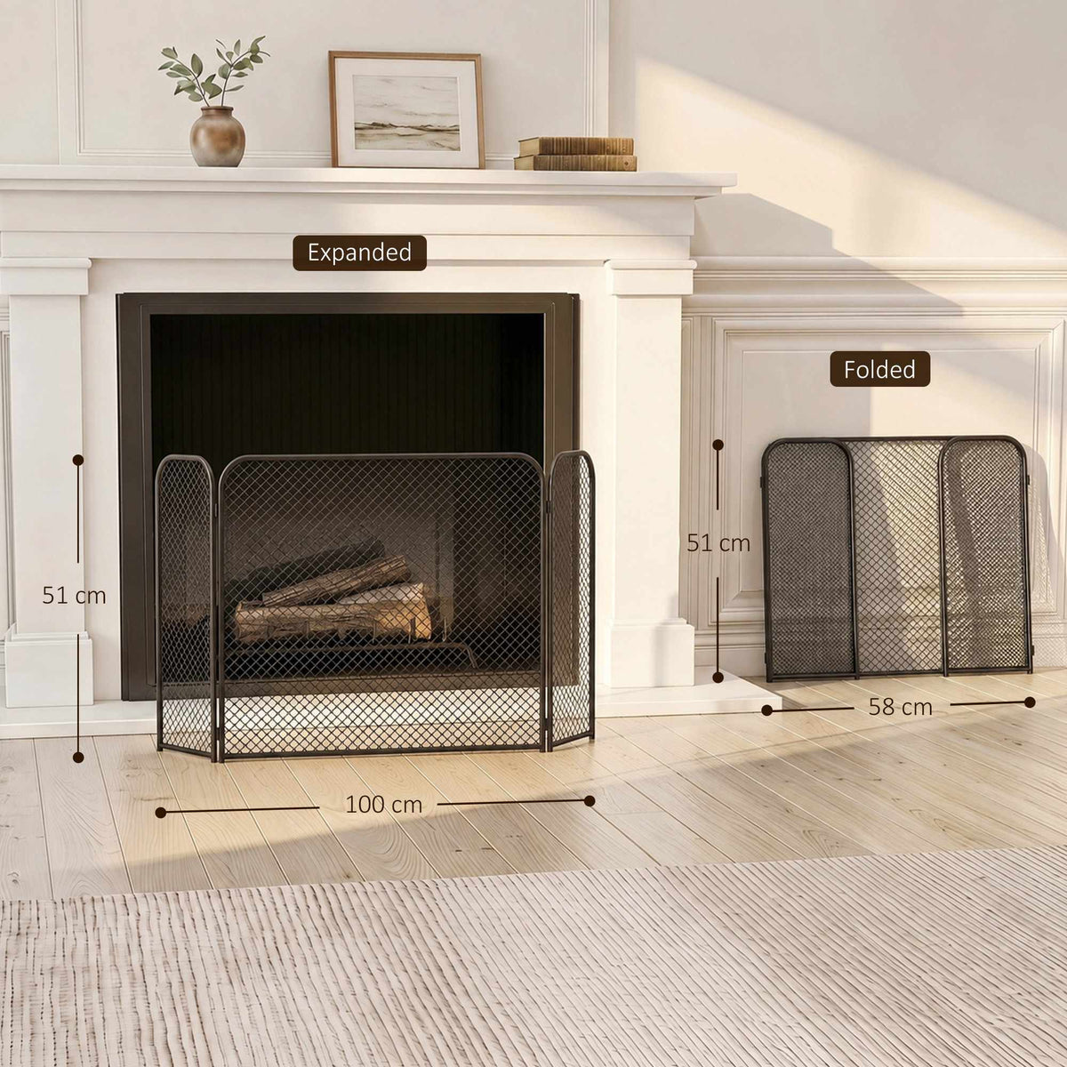 Black Geometric Foldable Fireplace Screen – Metal, 3-Panel