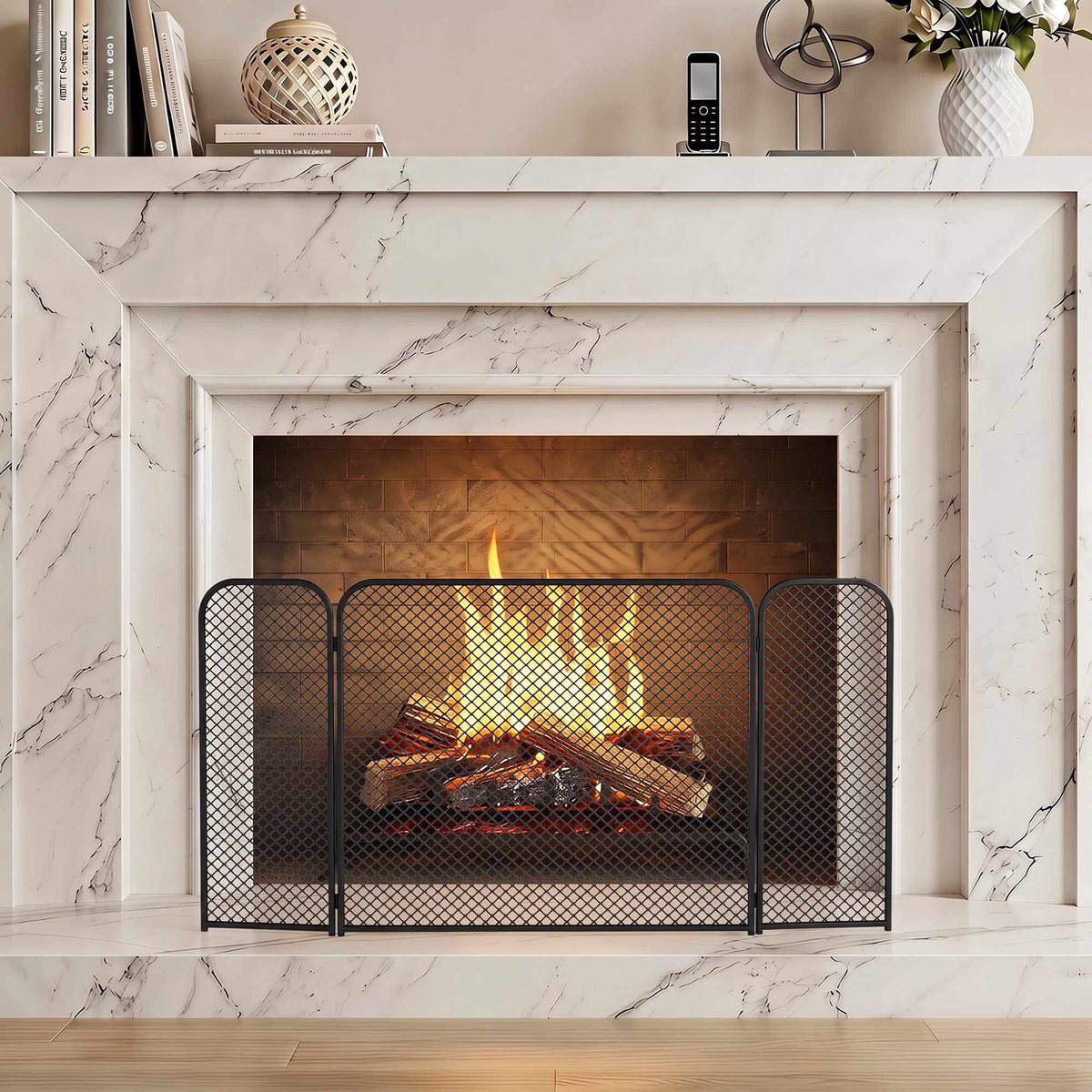 Black Geometric Foldable Fireplace Screen – Metal, 3-Panel