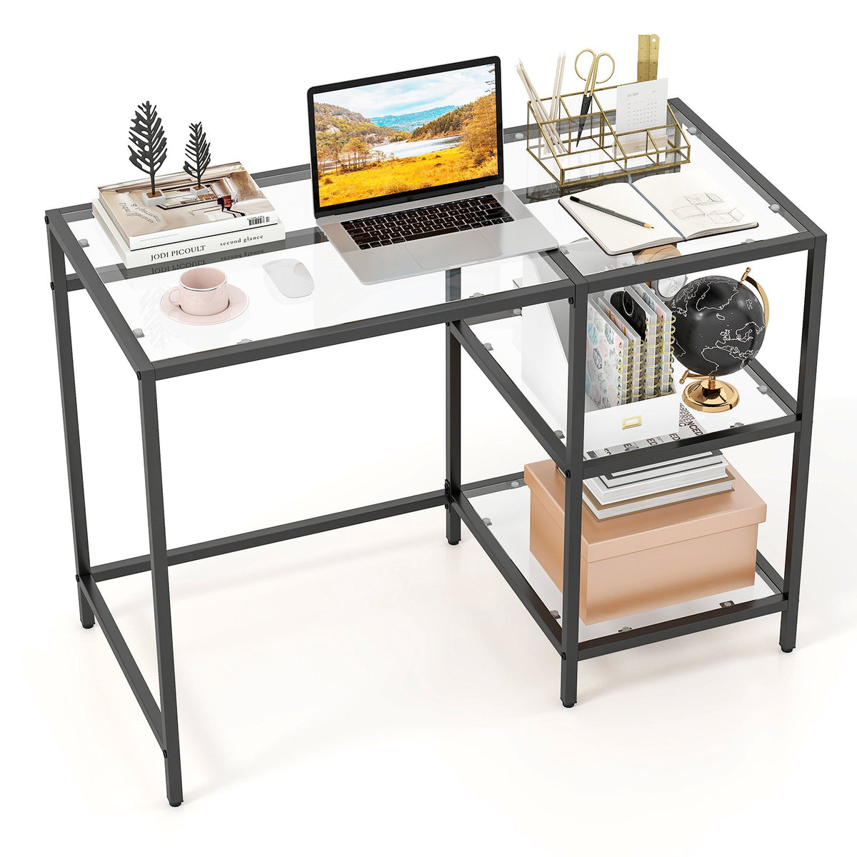 Black Glass Computer Desk with Metal Frame, 106x51x76 cm