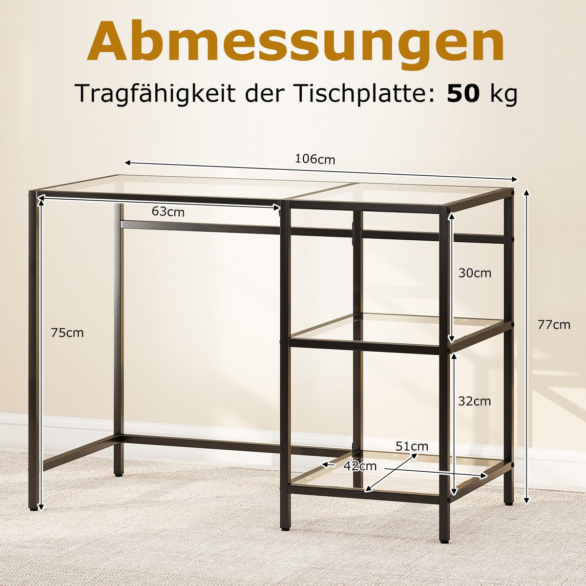 Black Glass Computer Desk with Metal Frame, 106x51x76 cm