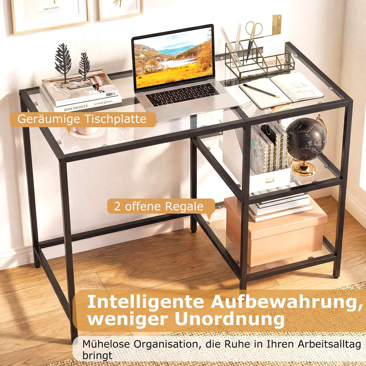 Black Glass Computer Desk with Metal Frame, 106x51x76 cm