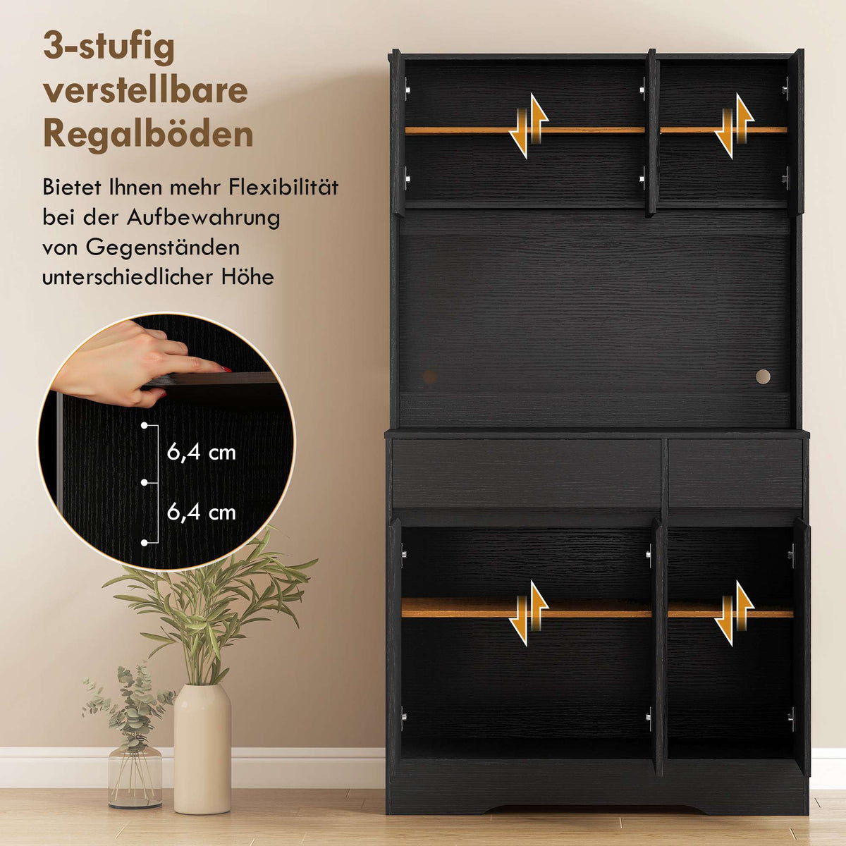 Black Kitchen Buffet Cabinet with Adjustable Shelves