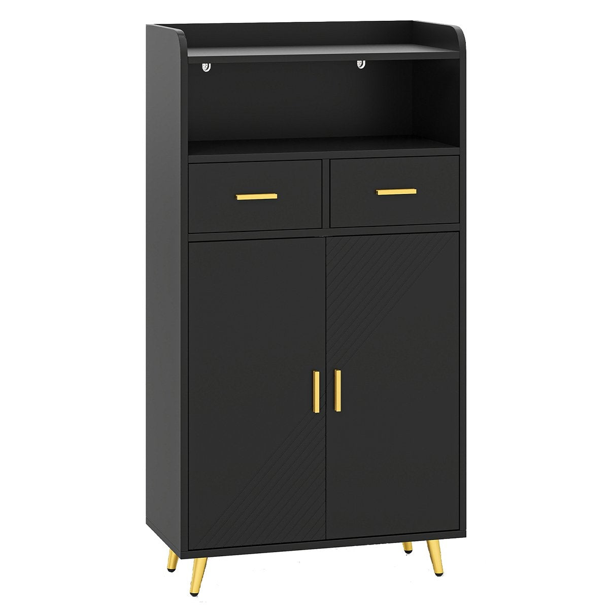 Black Kitchen Cabinet with Double Doors, 2 Drawers, Adjustable Shelf