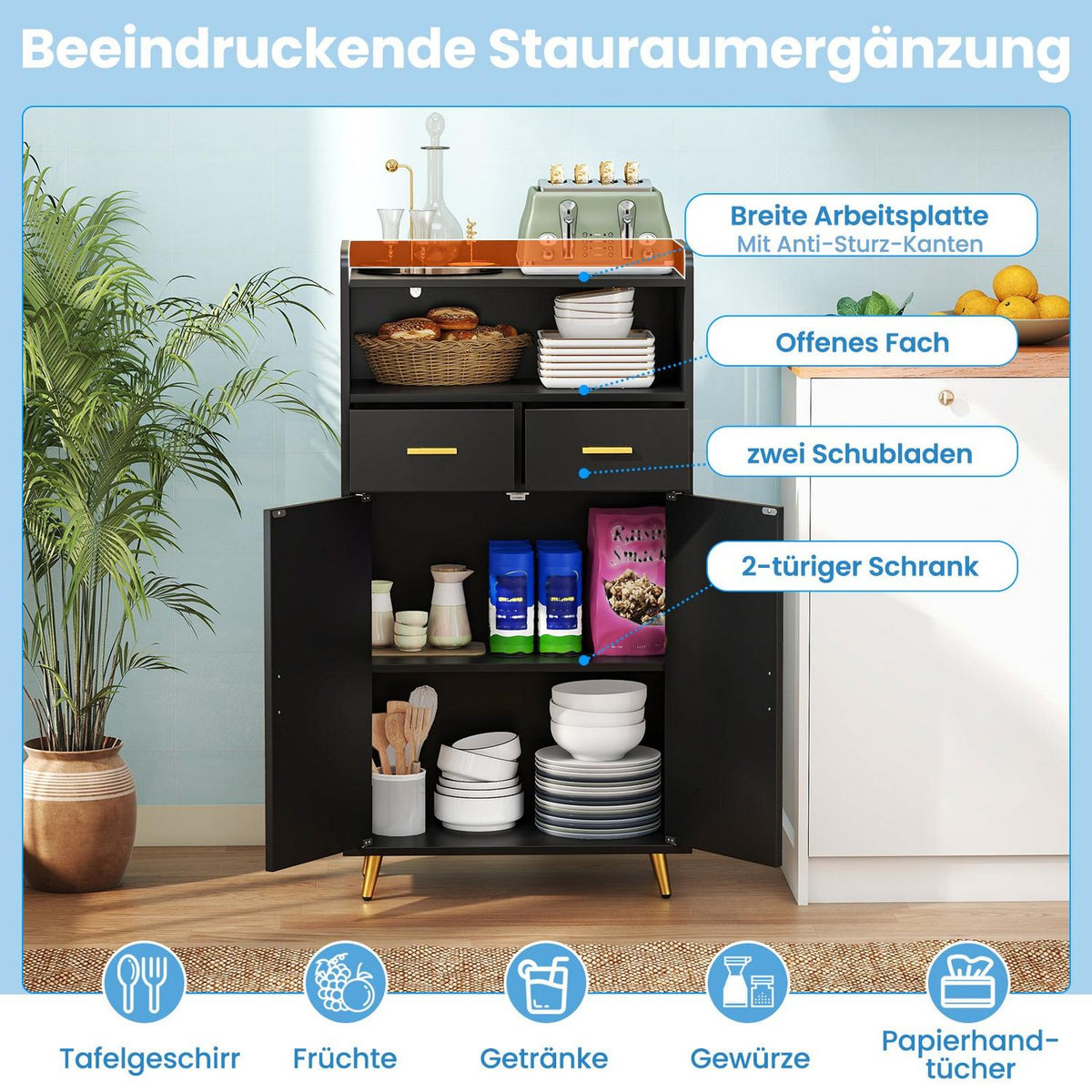 Black Kitchen Cabinet with Double Doors, 2 Drawers, Adjustable Shelf