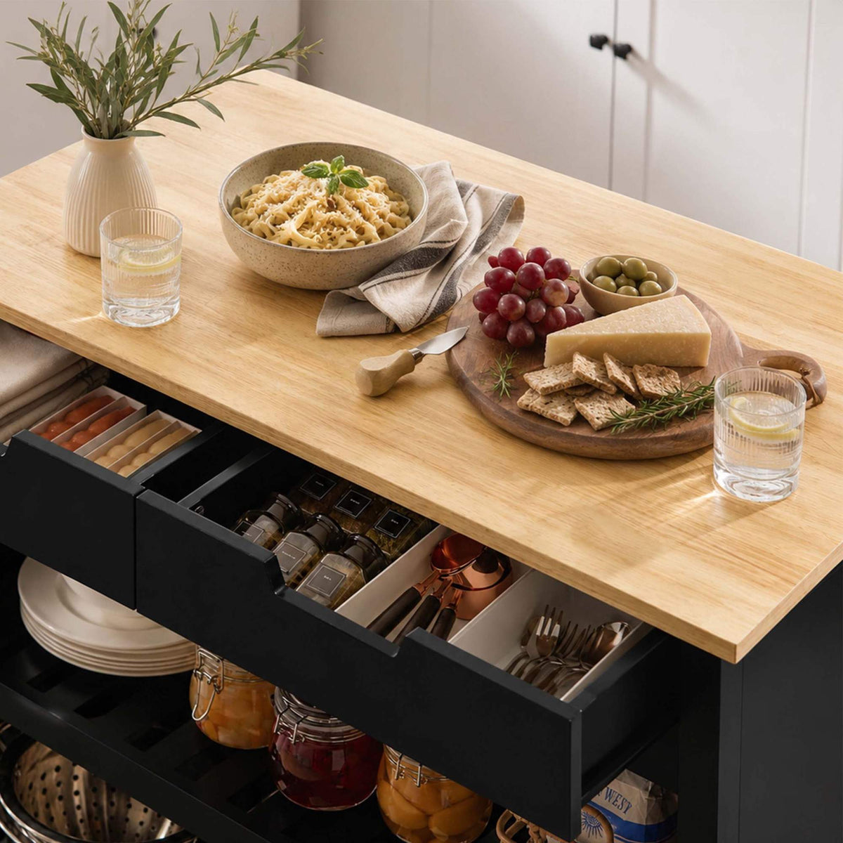 Black Kitchen Trolley with 2 Drawers and Seating