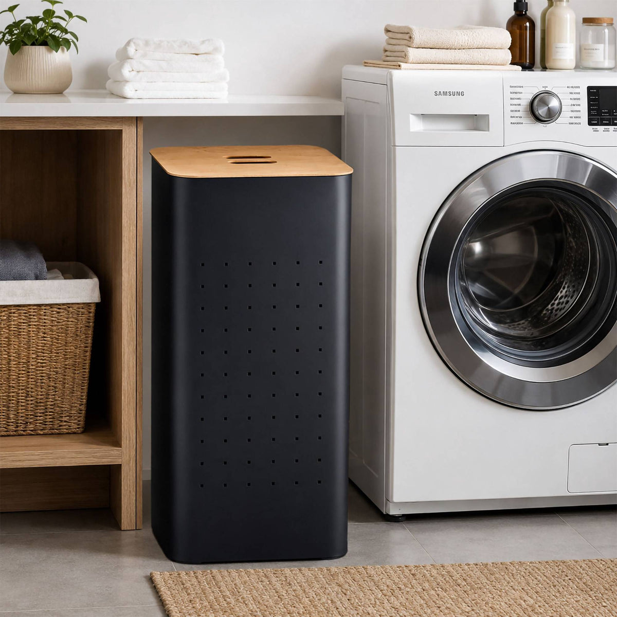 Black Metal Laundry Bin with Lid – 70L Capacity