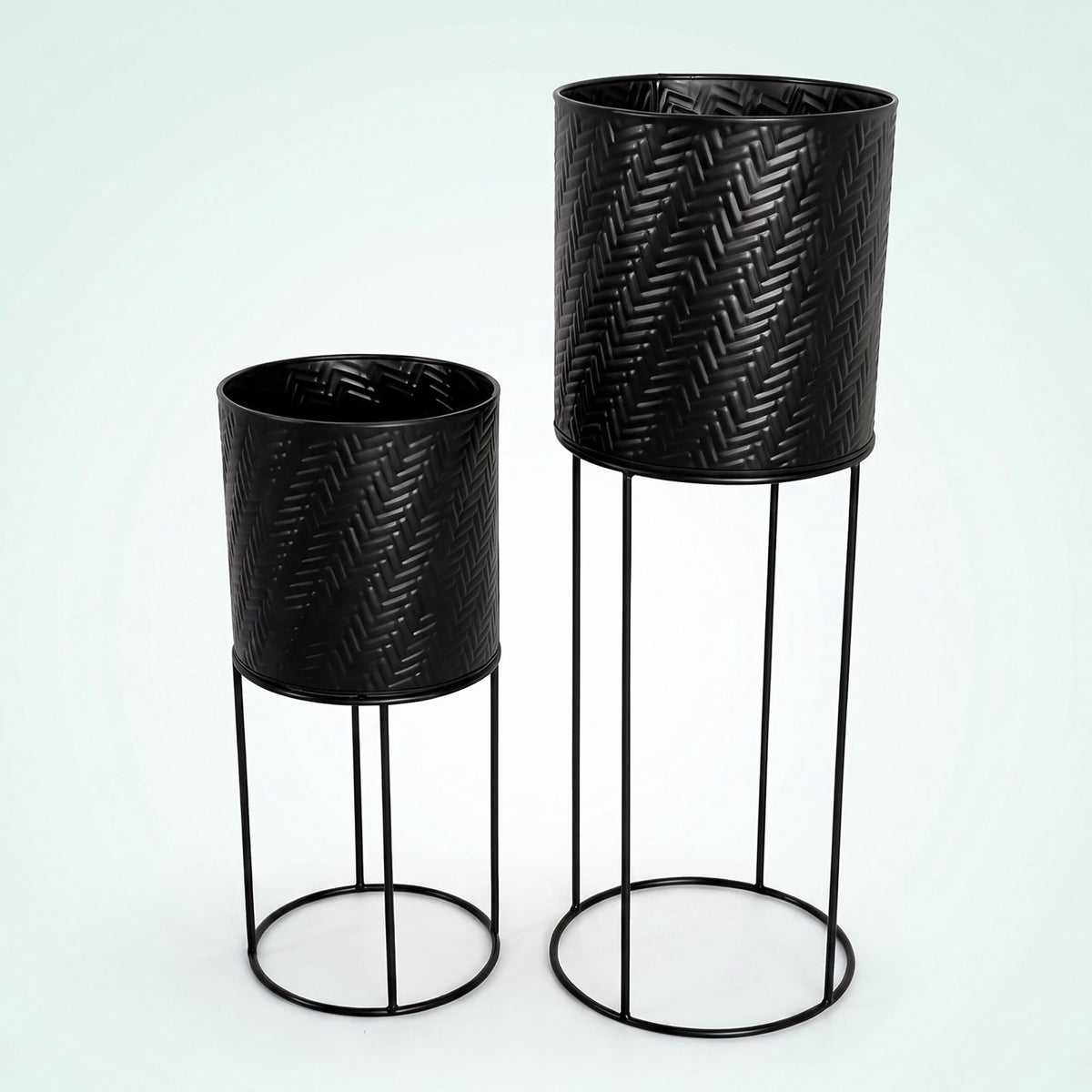 Black Metal Plant Stand Set of 2 – Modern Embossed Finish