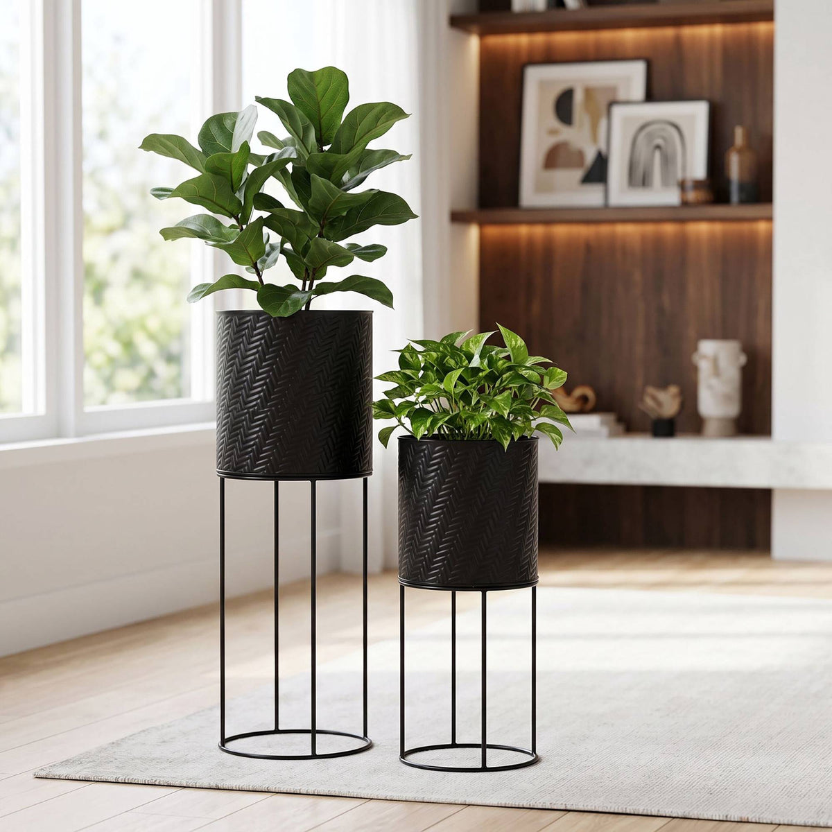 Black Metal Plant Stand Set of 2 – Modern Embossed Finish