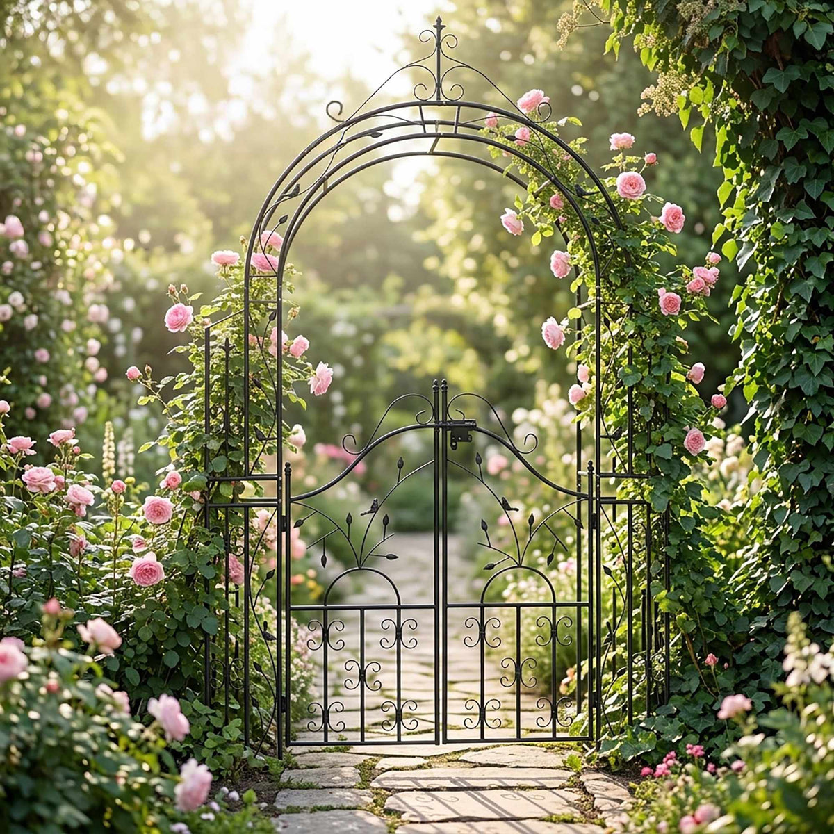 Black Metal Rose Arch with Gate – 235x144x45 cm