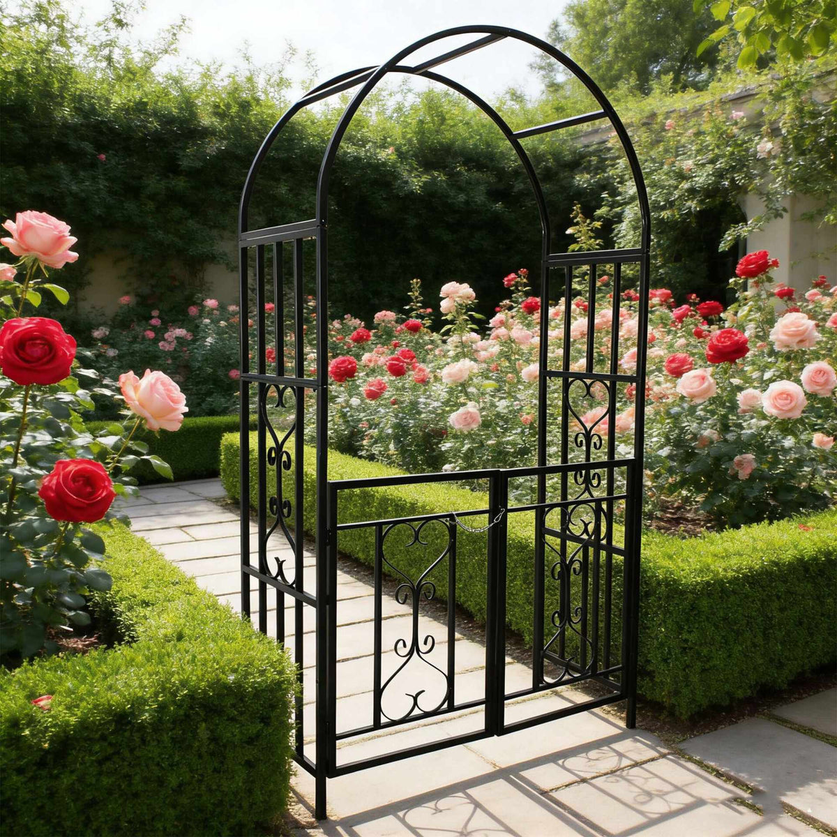 Black Metal Rose Arch with Gate – Garden Plant Support