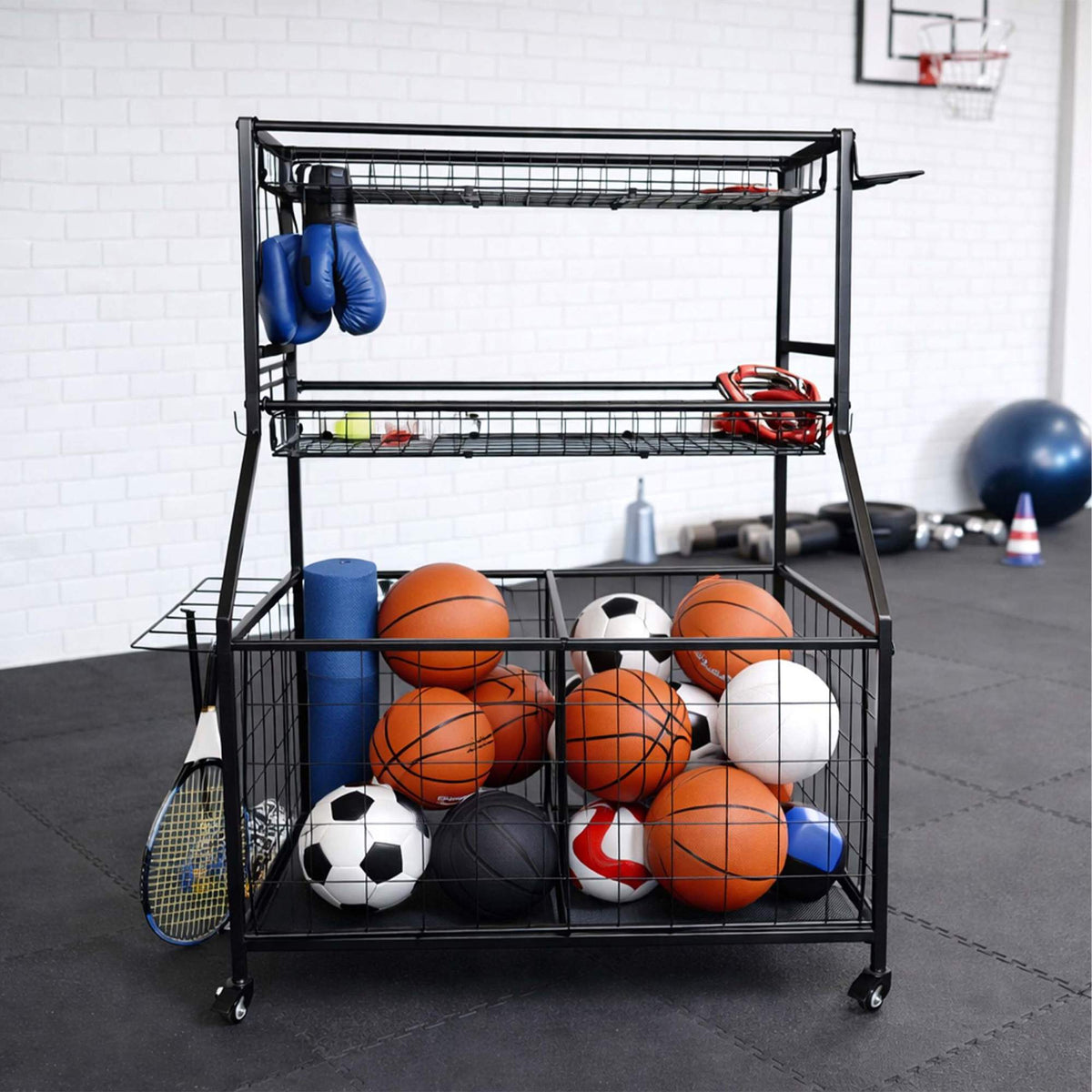 Black Metal Sports Equipment Trolley with Wheels