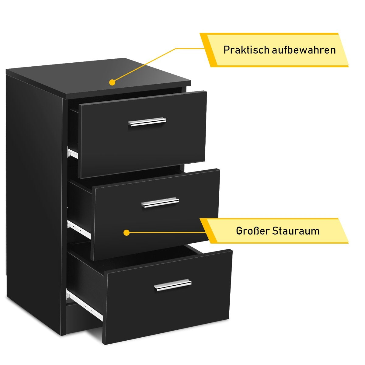 Black Nightstand with 3 Drawers, 38 x 67 x 35 cm