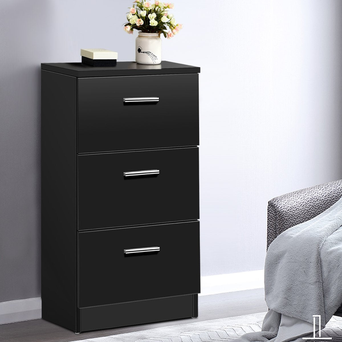 Black Nightstand with 3 Drawers, 38 x 67 x 35 cm