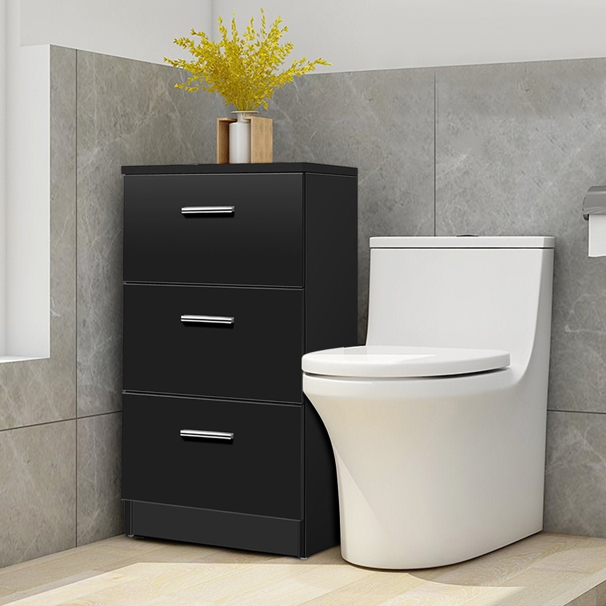 Black Nightstand with 3 Drawers, 38 x 67 x 35 cm