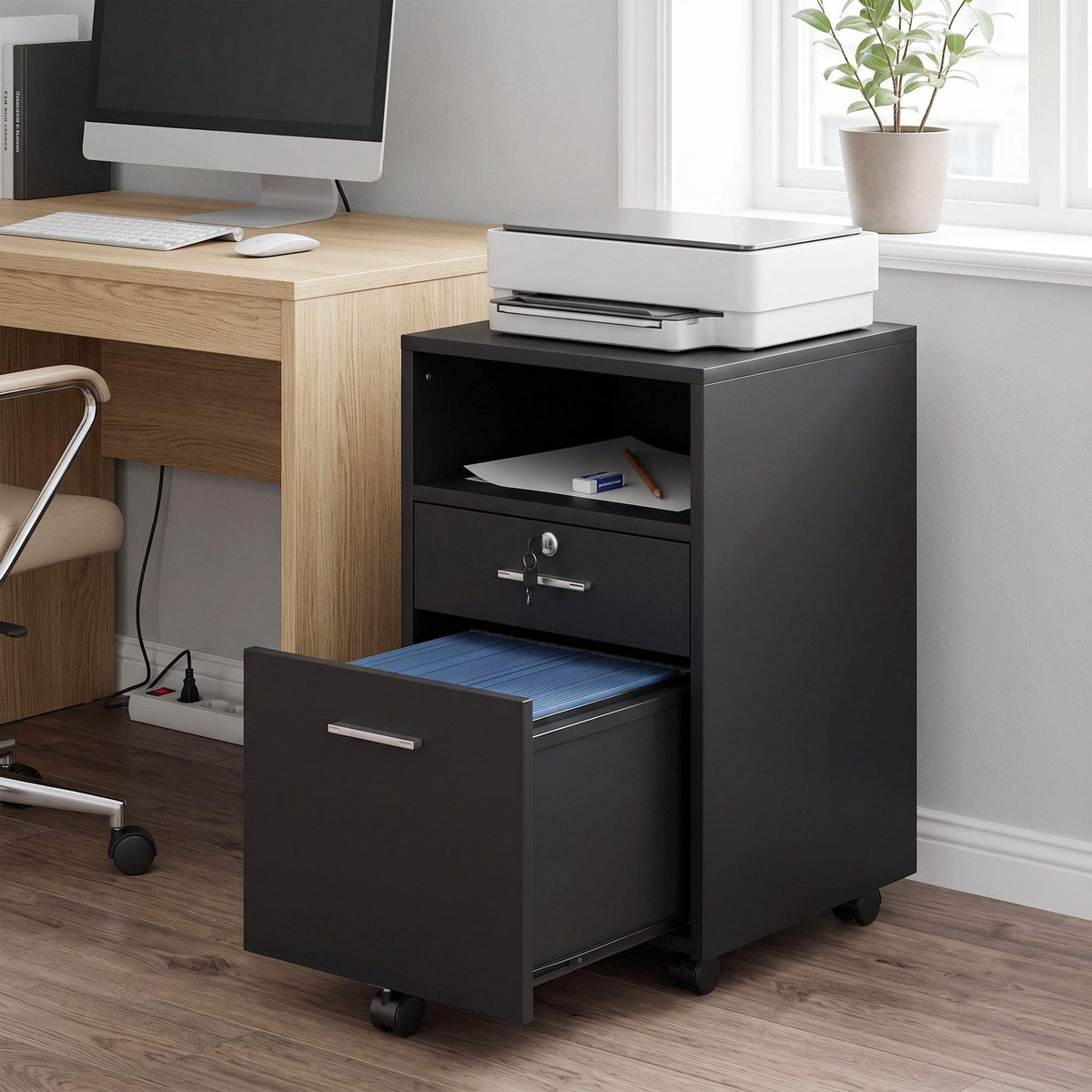 Black Office Rolling Cabinet, 2 Drawers, Lockable, 40x40x65 cm