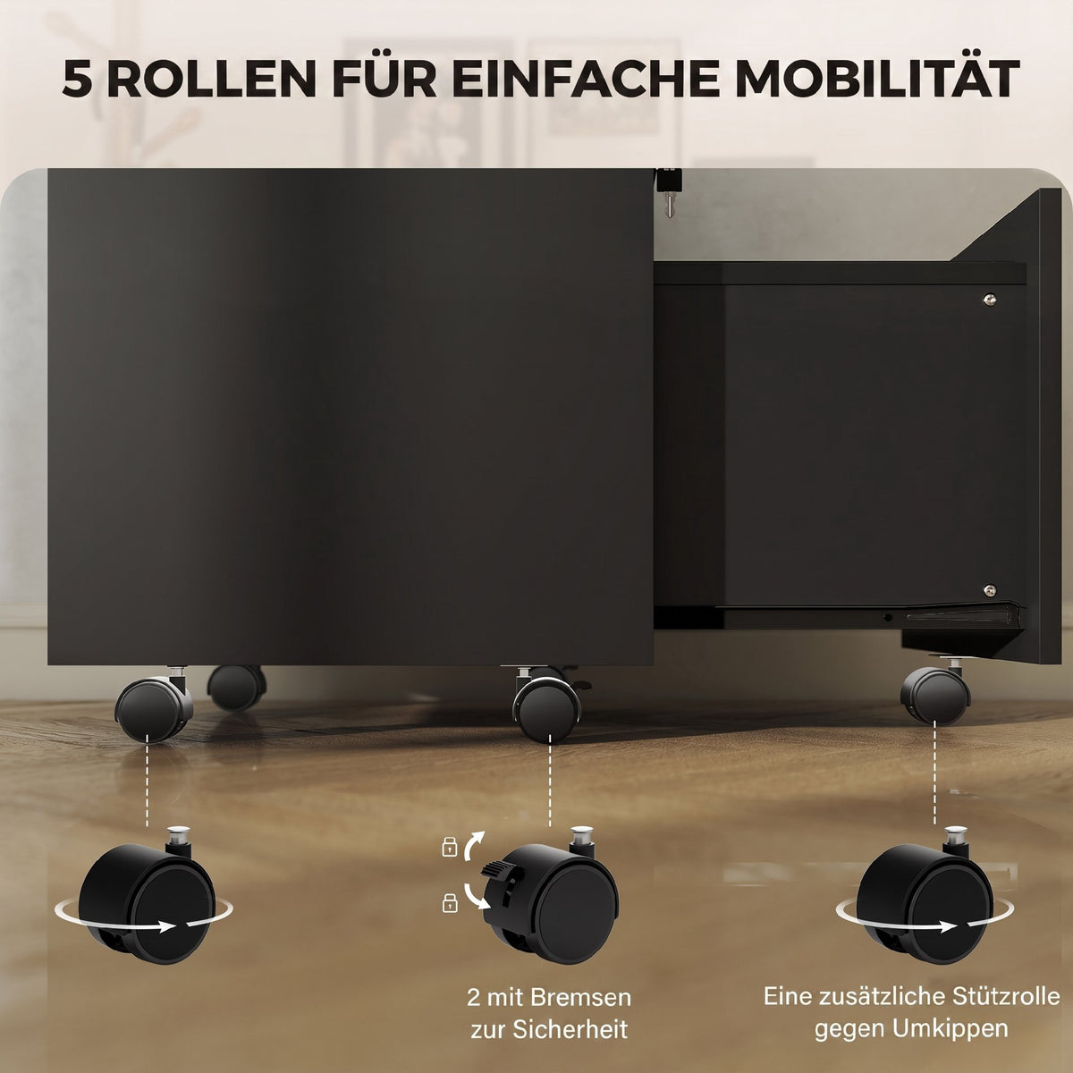 Black Office Rolling Cabinet, 2 Drawers, Lockable, 40x40x65 cm