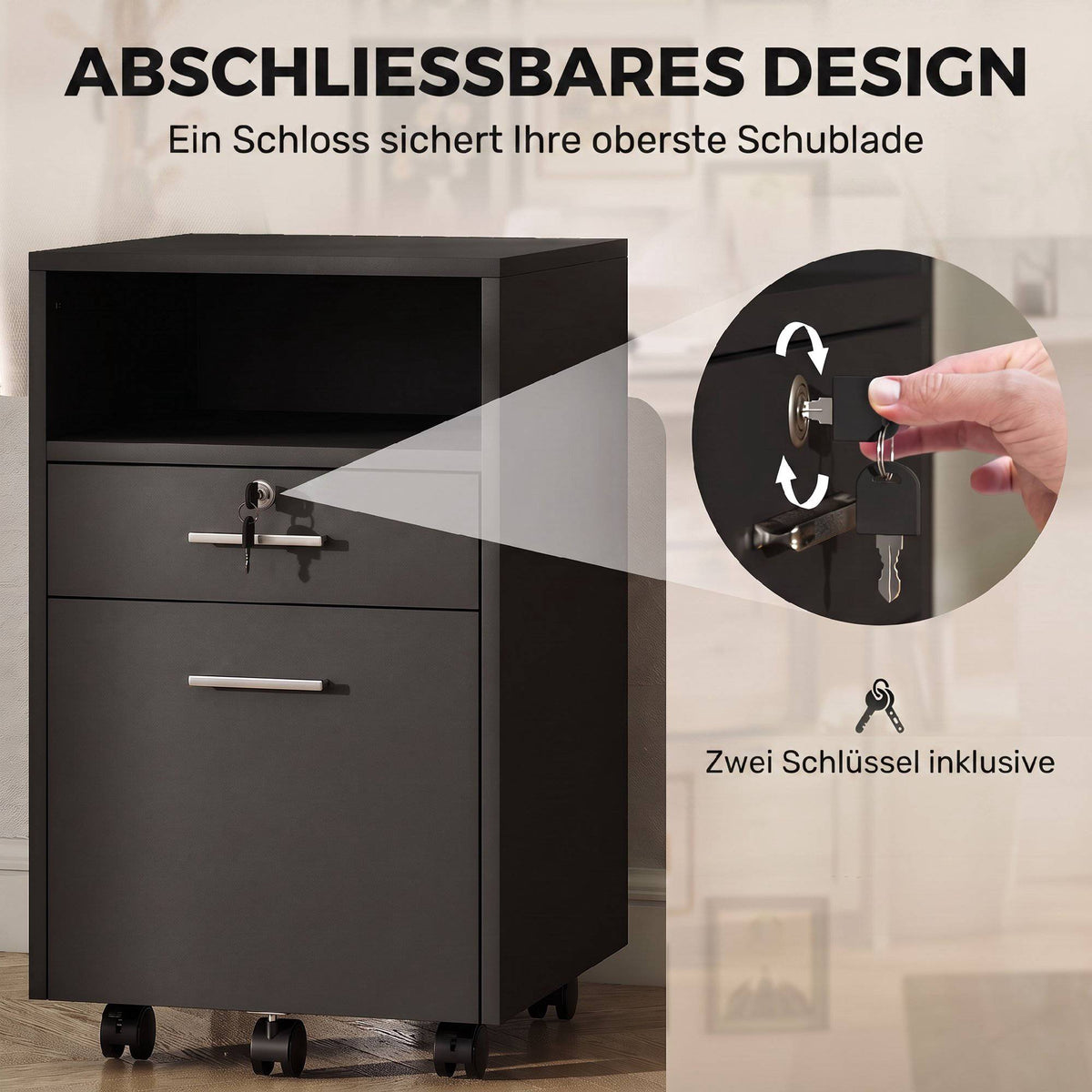 Black Office Rolling Cabinet, 2 Drawers, Lockable, 40x40x65 cm