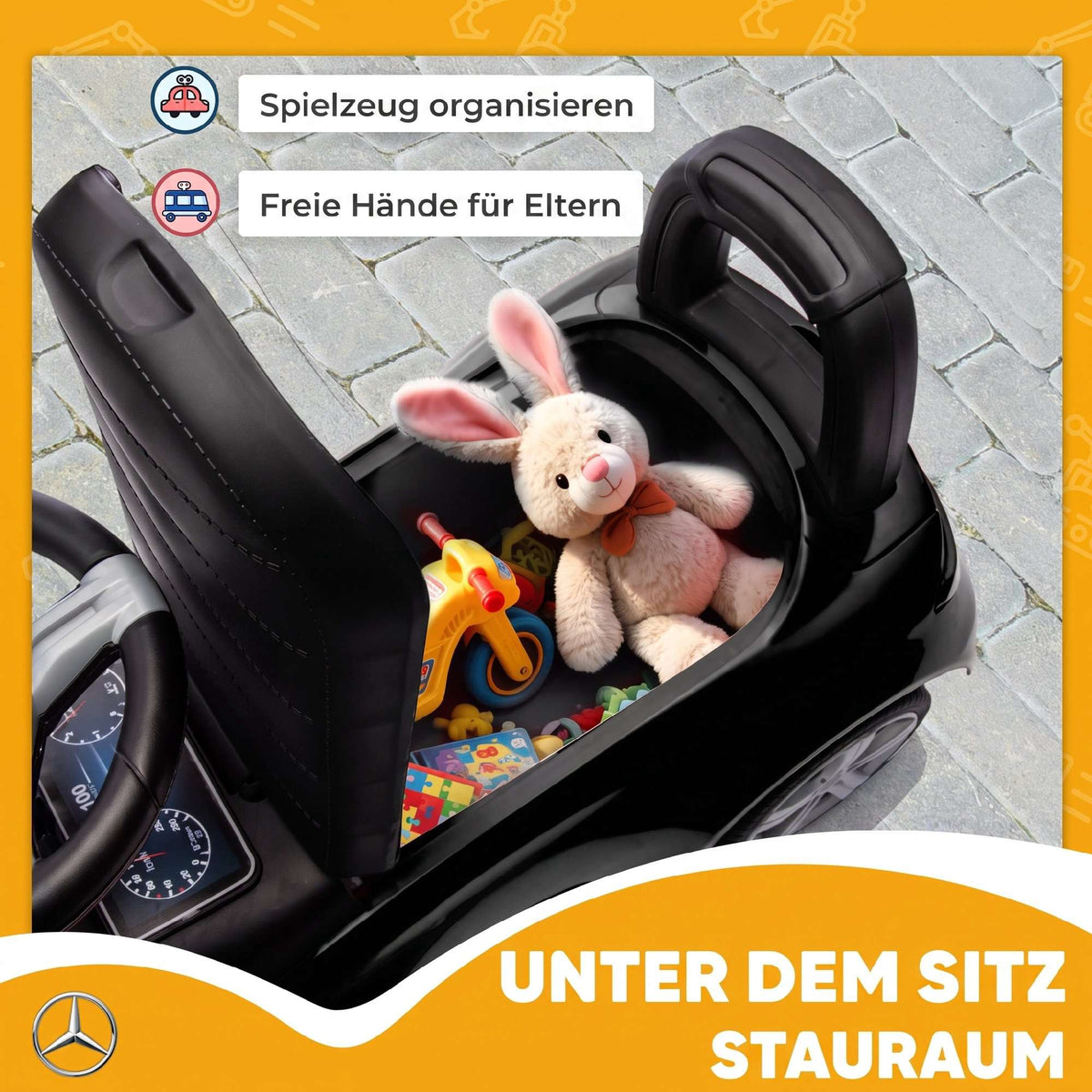 Black Ride-On Car for Kids 18-36 Months with Horn & Storage