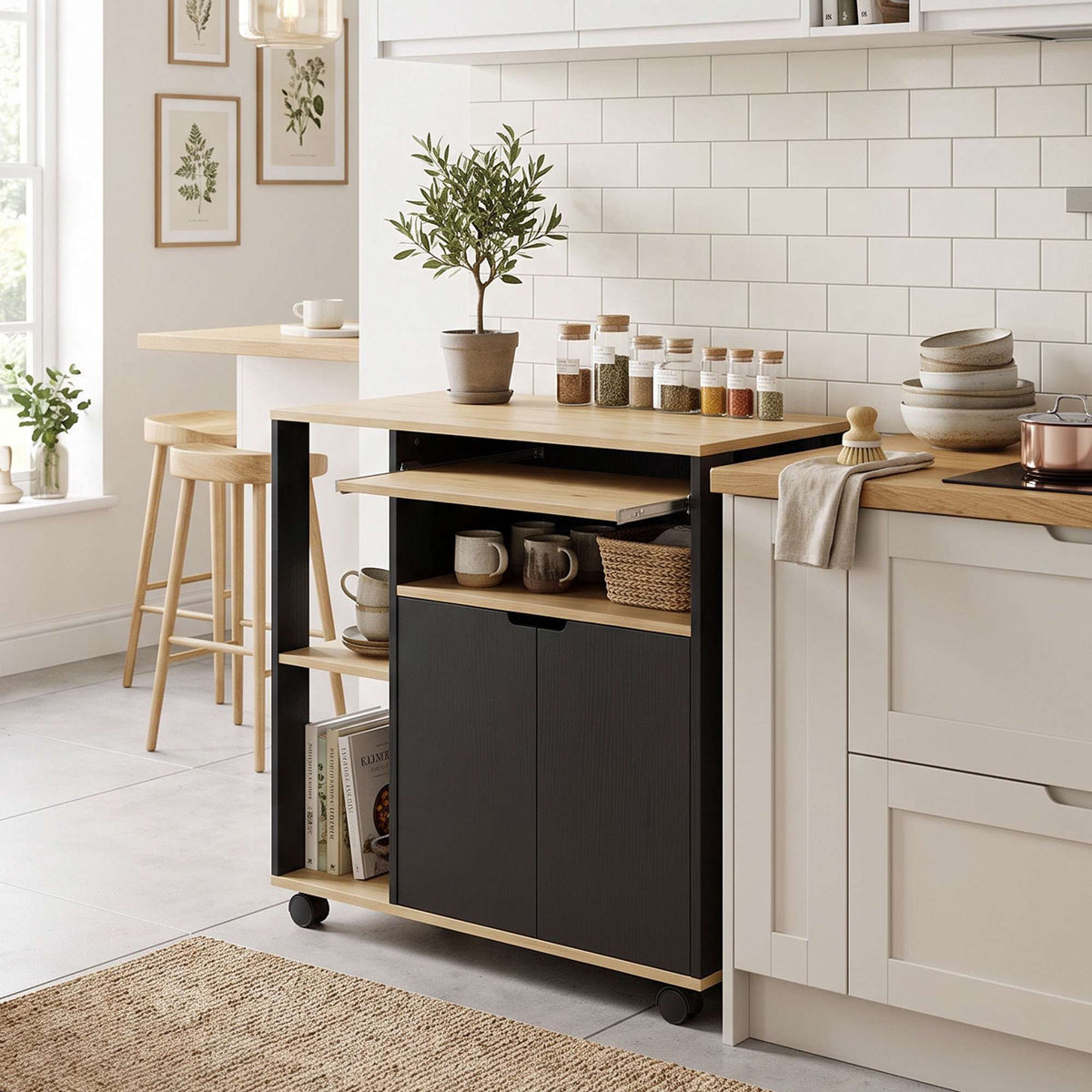 Black Rolling Kitchen Cart with Adjustable Shelves and Storage