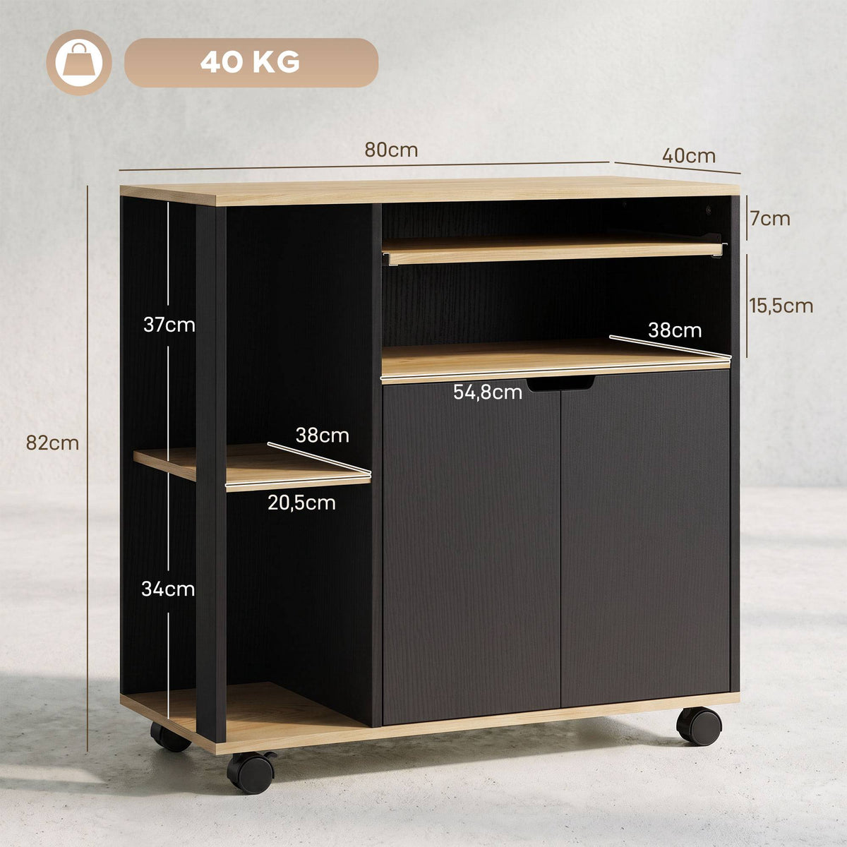Black Rolling Kitchen Cart with Adjustable Shelves and Storage