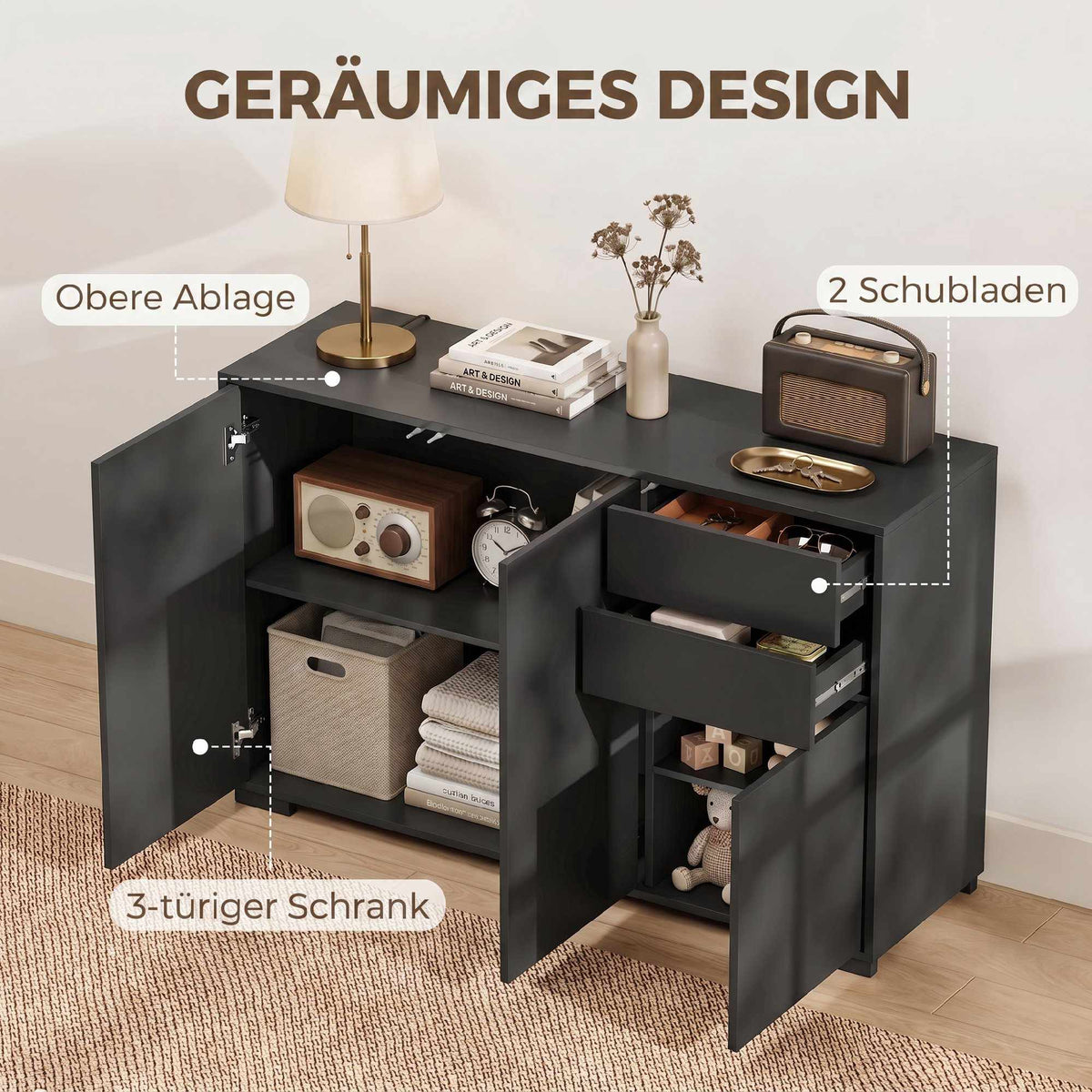 Black Sideboard with 2 Drawers, Push-Click, 117x36x74 cm