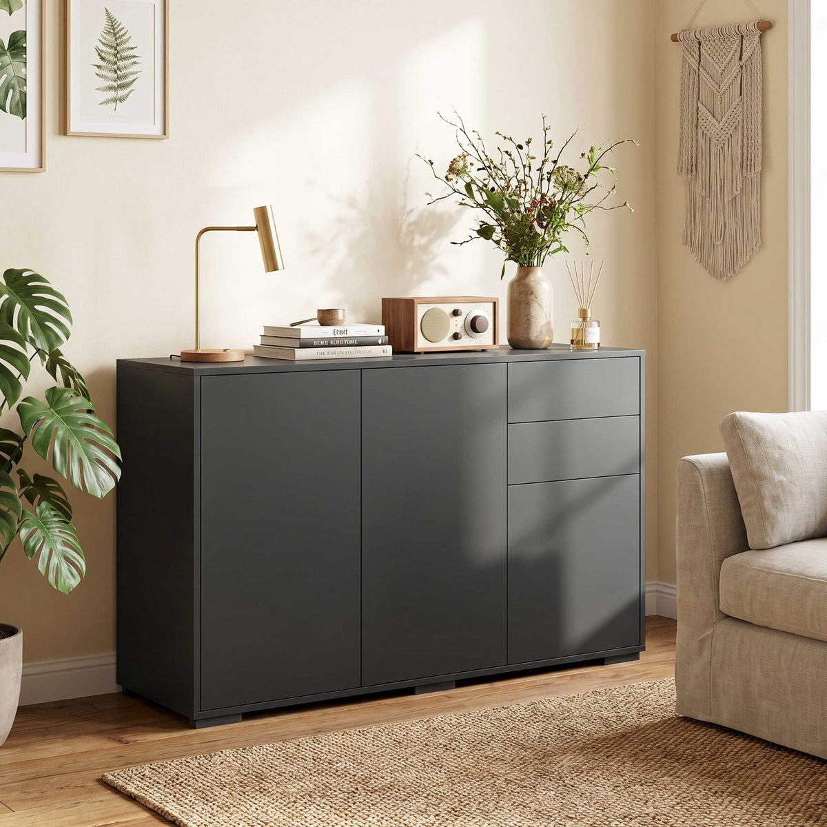 Black Sideboard with 2 Drawers, Push-Click, 117x36x74 cm