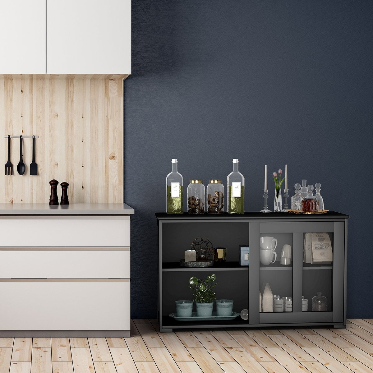 Black Sideboard with Sliding Glass Doors, Adjustable Shelves