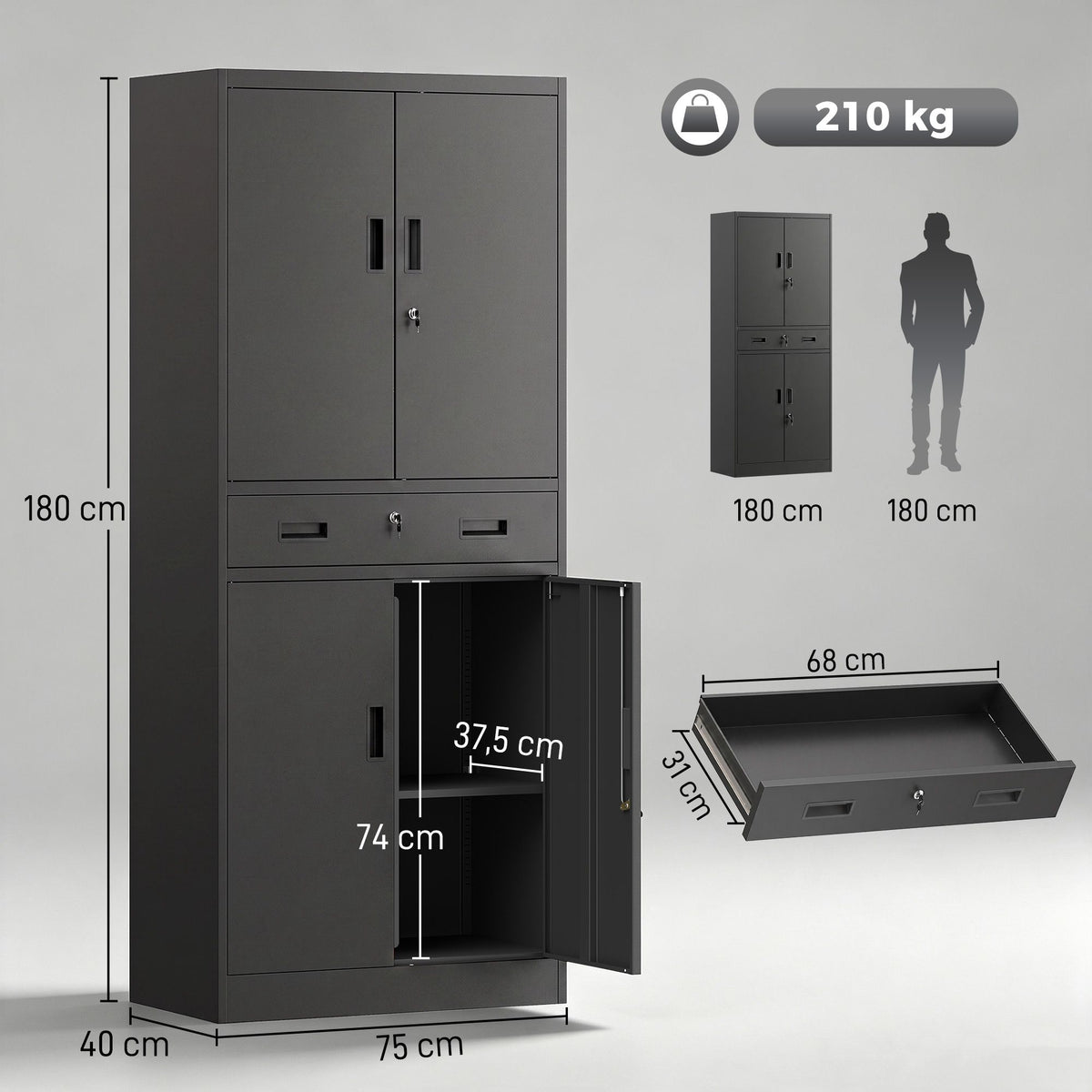 Black Steel Tool Cabinet with Lockable Doors and Adjustable Shelves