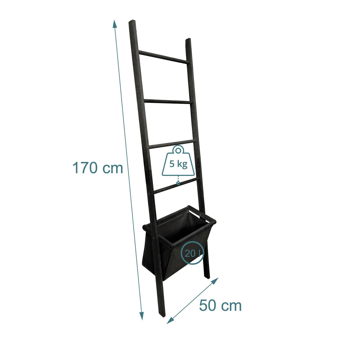 Black Walnut Towel Ladder with Basket, 4 Rungs