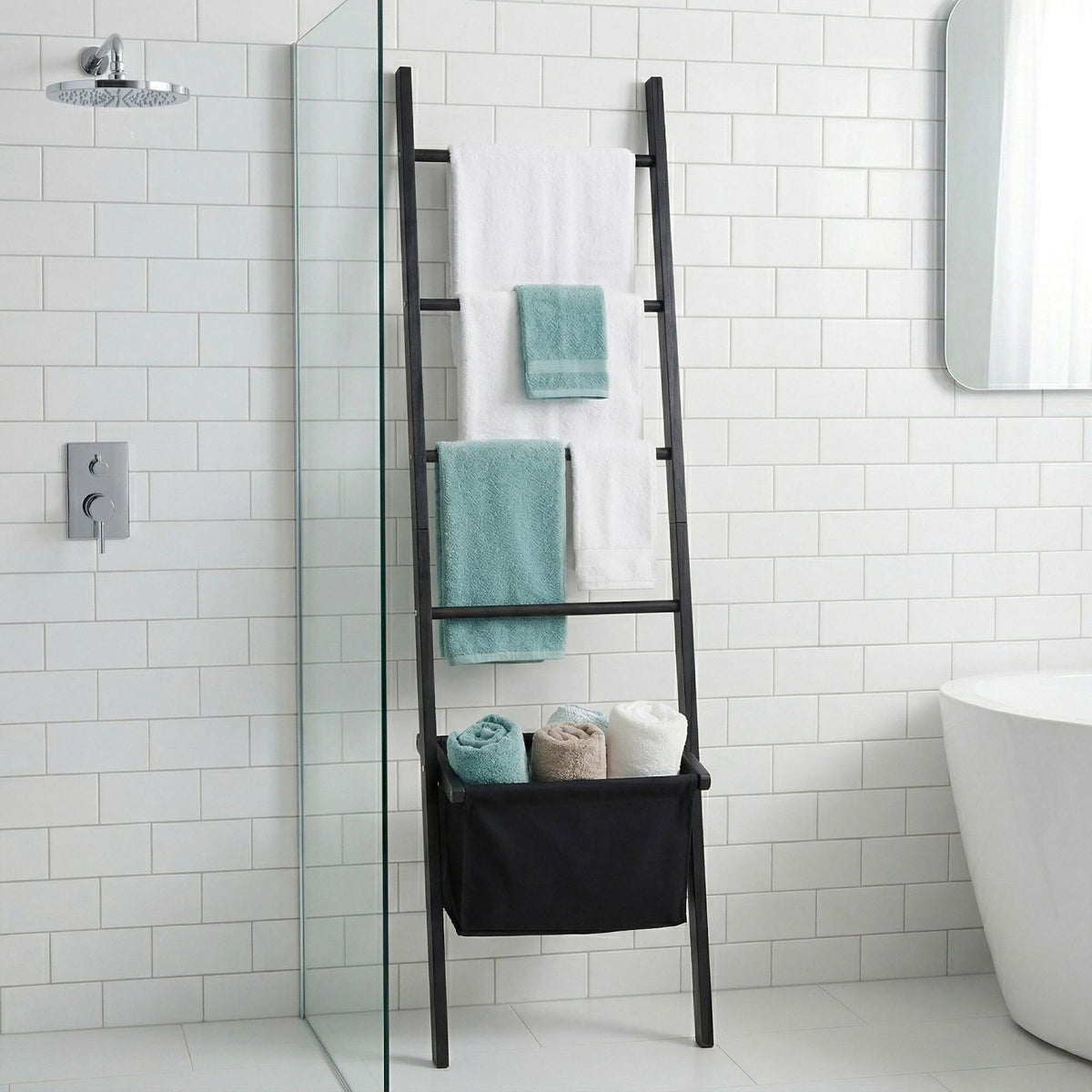 Black Walnut Towel Ladder with Basket, 4 Rungs