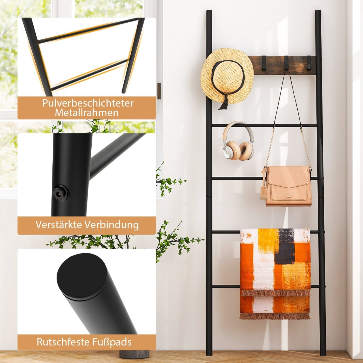 Blanket Ladder, 5-Tier Wall-Leaning With 5 Removable Hooks