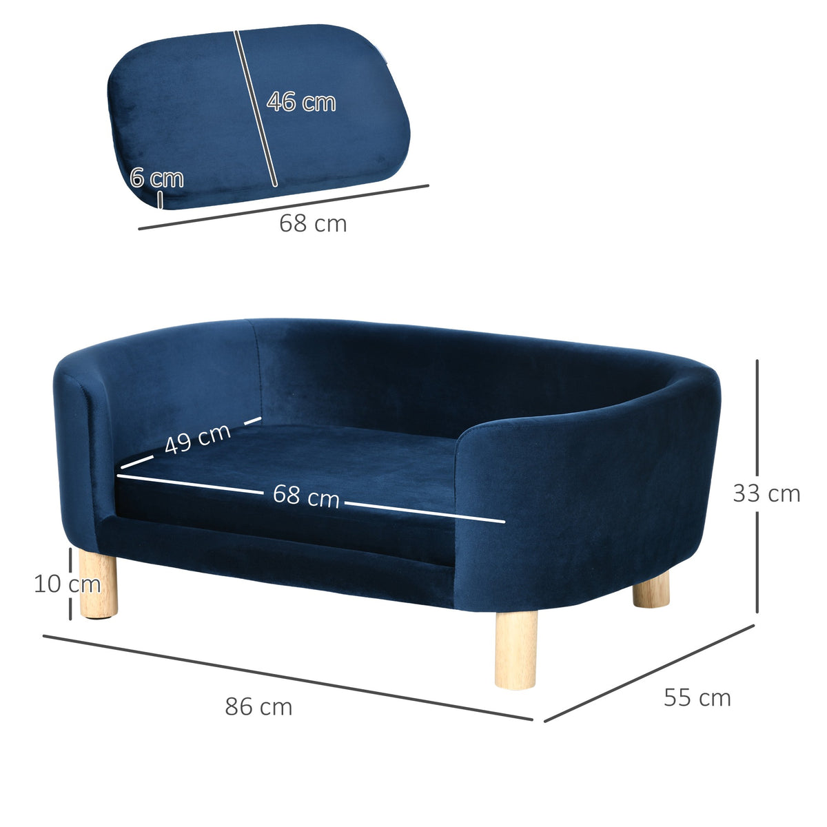 Blue Velvet Dog Sofa with Backrest and Wood Legs